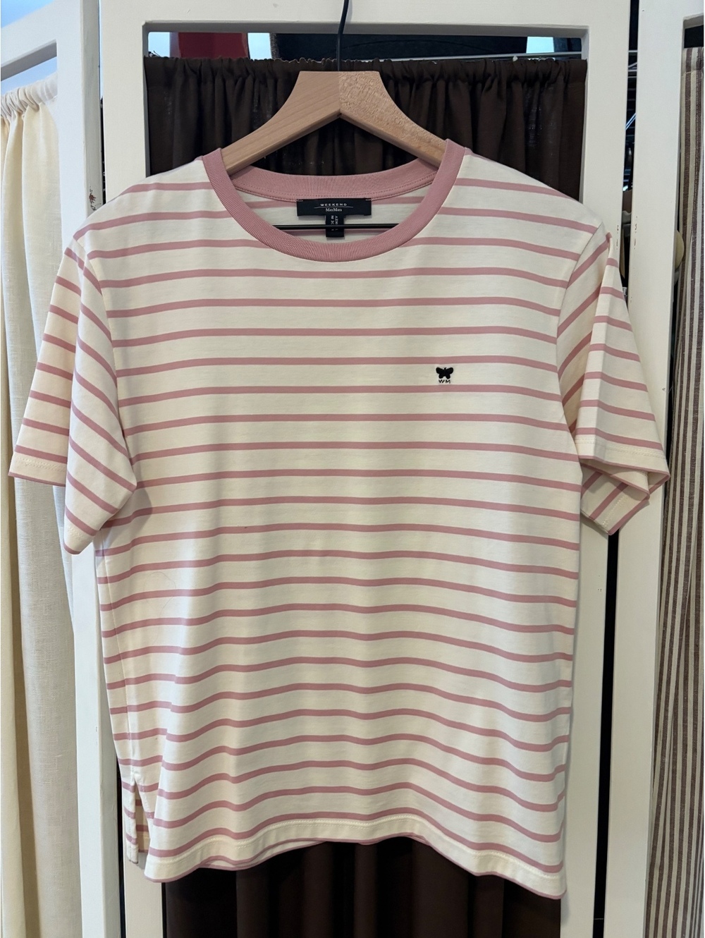 Weekend Max Mara Pink Striped Cotton Tee Shirt Butterfly Logo Size Med